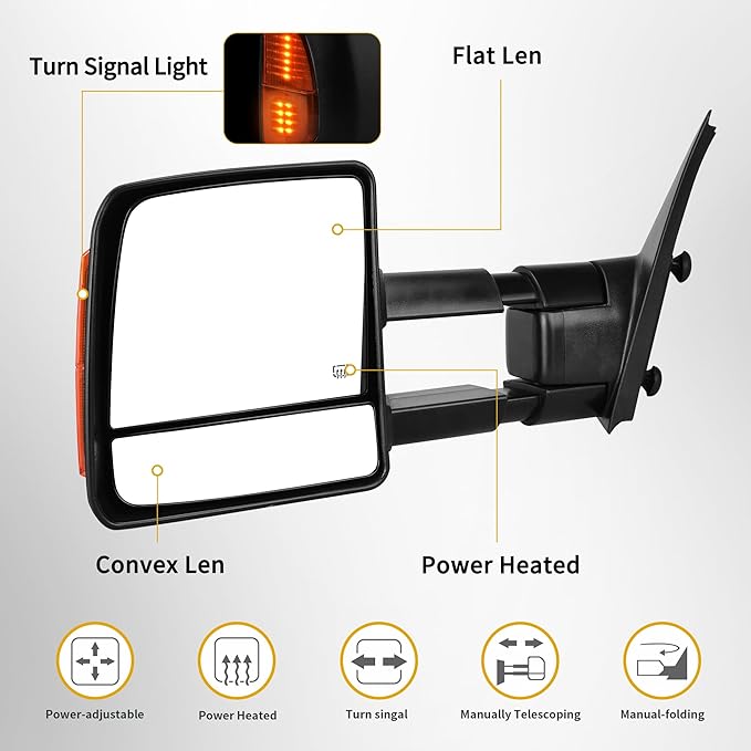 DWVO Towing Mirrors Fits 2007-2017 Toyota Tundra, Power Adjusted Heated Turn Signal Light Manual Telescoping and Folding Tow Mirror