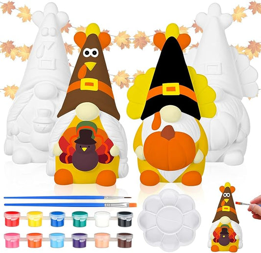 Hollowfly 2 Pack Fall Ready to Paint Your Own Gnome Statues 4" Thanksgiving Turkey Gnomes Blank Pumpkin Unpainted Ceramics Figurines Craft DIY Art with Brush Palette Paint for Adults