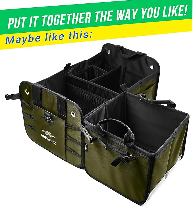 Large Car Trunk Organizer for SUV - Trunk Storage - Modular Configurable Detachable Collapsible - Minivan Truck Sedan Van - 3 Compartment XL, Green