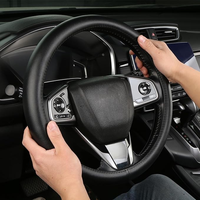 Leather Steering Wheel Cover, Anti-Slip, Safety, Soft, Breathable, Adaptable to 14.5-15 inches Steering Wheel Fit SUV Jeep Van Sedan, Car Steering Wheel Protector for Women Men,Classic Black