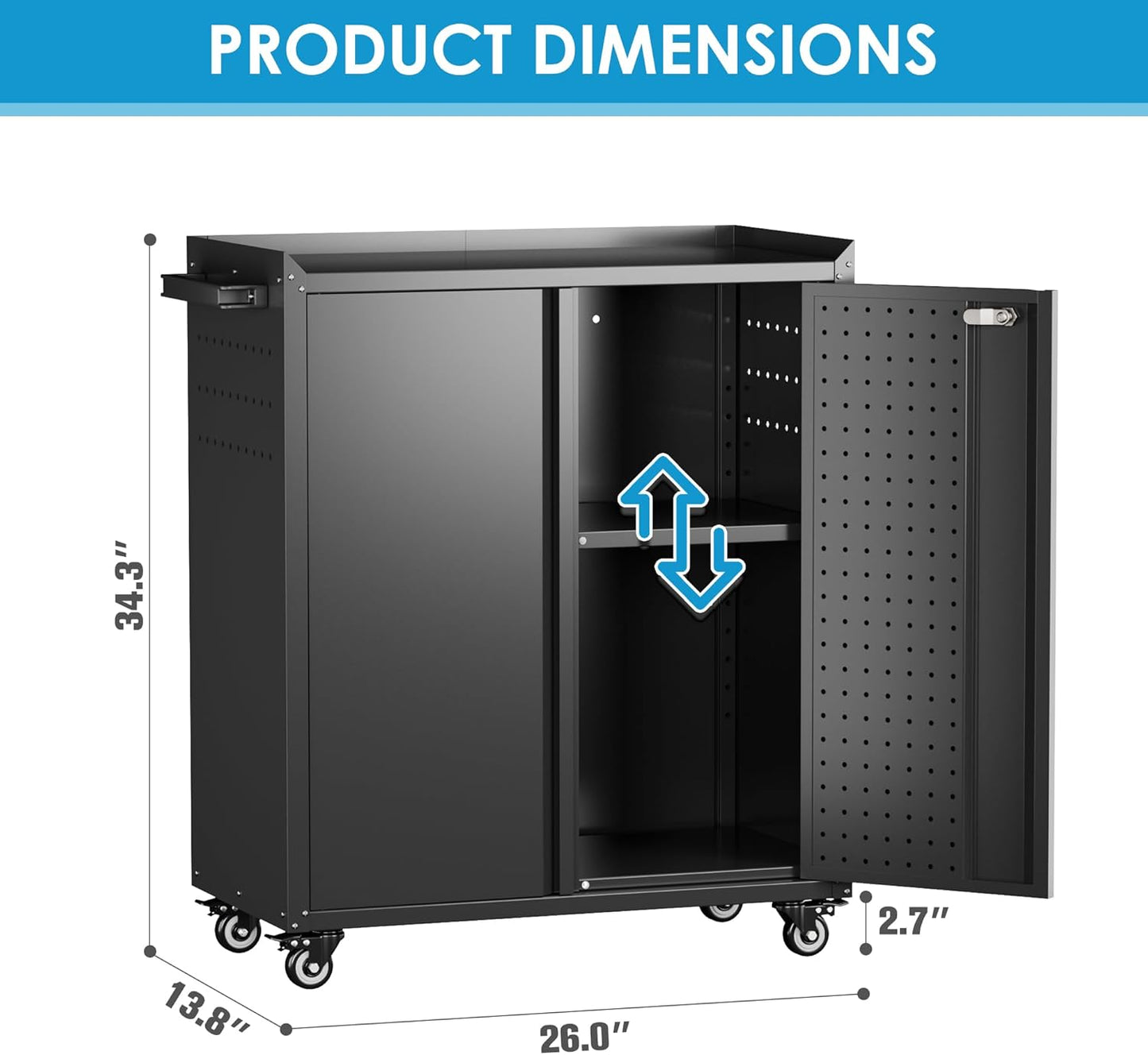 Metal Storage Cabinet with Wheels, Rolling Storage Cabinet with 2 Doors and Adjustable Shelves, Pegboard and 4 Hooks, Suitable for Garage, Home, Office, School, Black