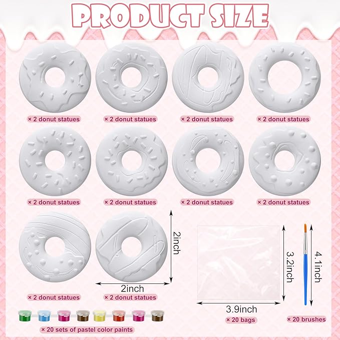 Simgoing 20 Set Dinosaur Unicorn Mermaid Donut Jungle Animal DIY Painting Kit Pumpkin Snowman Ceramic Paint Your Own Figurines Unpainted Plaster Craft for Party Favor(Donut)