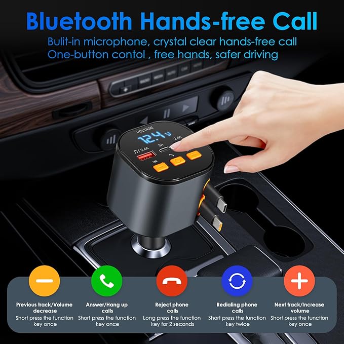 Retractable Car Charger,5 in 1 Fast Car Phone Charger 90W,Bluetooth 5.3 FM Transmitter Adapter,Handsfree Call,2 Retractable USB-C Cables and USB Cars Chargers for iPhone 16/15/14/13/12/11,Galaxy,Pixel