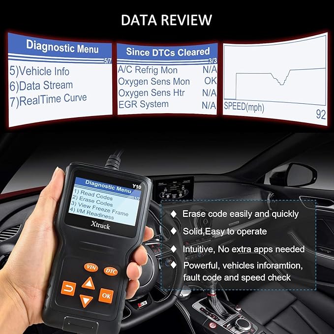 Y10 Universal OBD2 Scanner Check Engine Light Car Code Reader, OBDII Diagnostic Scan Tool Read and Clear Erase Codes, Get Vehicle Information, Data Flow, Real-time Curve