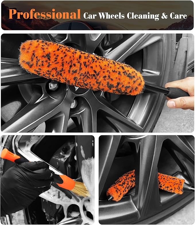 YeewayVeh Car Wheel Brush Kit, 3 Pack Scratch-Free Wheel Cleaner Brush and Detailing Brush, Wheel Car Cleaning Wash Brushes for Vehicle Motorcycle Rim Fenders Engine Exhaust Tips, Orange&Black