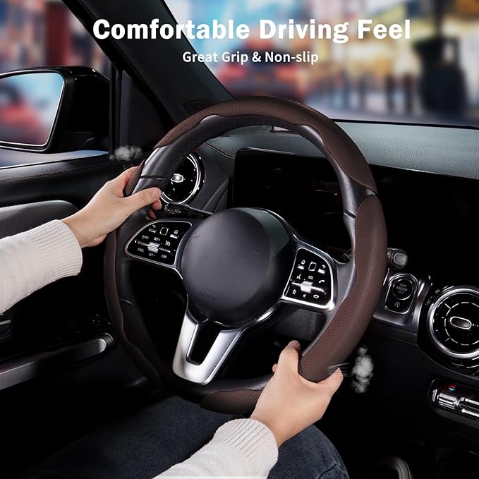 Nappa Leather Car Steering Wheel Cover for Men Women, Ultra-Thin Non-Slip Breathable Microfibre, Universal for 14.5"-15" Steering Wheel - Brown