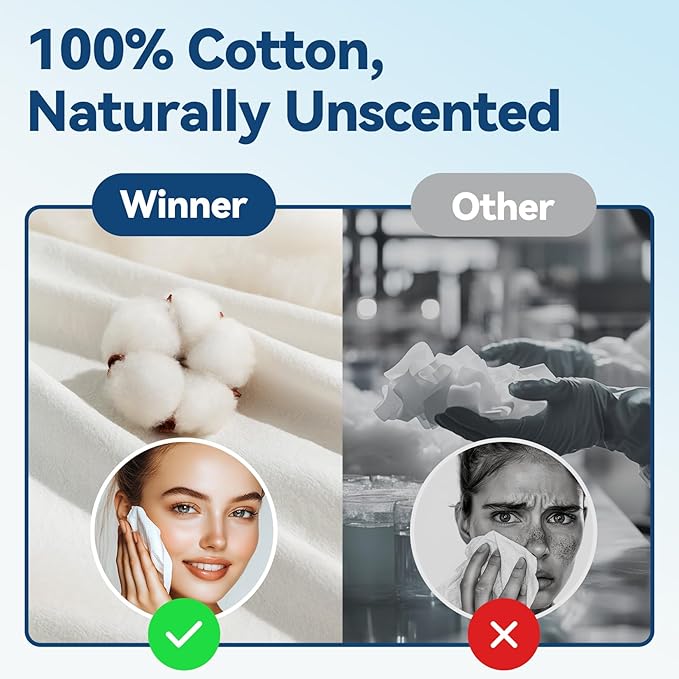 Winner Soft Face Towels, 100% USDA Biobased Facial Towels, Unscented Cotton Tissues for Sensitive Skin, OEKO-TEX Certified Face Towelettes Disposable, Makeup Remover Dry Wipes, 600 Ct, 6 Pack