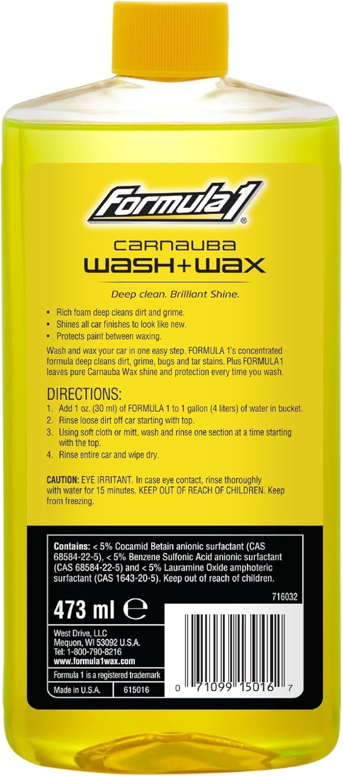 Formula 1 Car Wash and Carnauba Wax, 2-in-1 Car Cleaning Soap for Auto Detailing, Removes Tough Dirt and Leaves a Brilliant Shine (16 ounces)