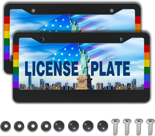License Plate Frames Rainbow Automotive Exterior Accessories Gay Rainbow Strip Universal Aluminum Car Accessory 2 Pack with Screw Covers Set