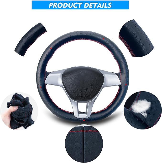 Carodi Leather Steering Wheel Cover, Breathable Non-Slip Design, Soft and Comfortable Feeling, Universal 15 Inch Auto Car Steering Wheel Stitch on Wrap（Size M, Black with red line）