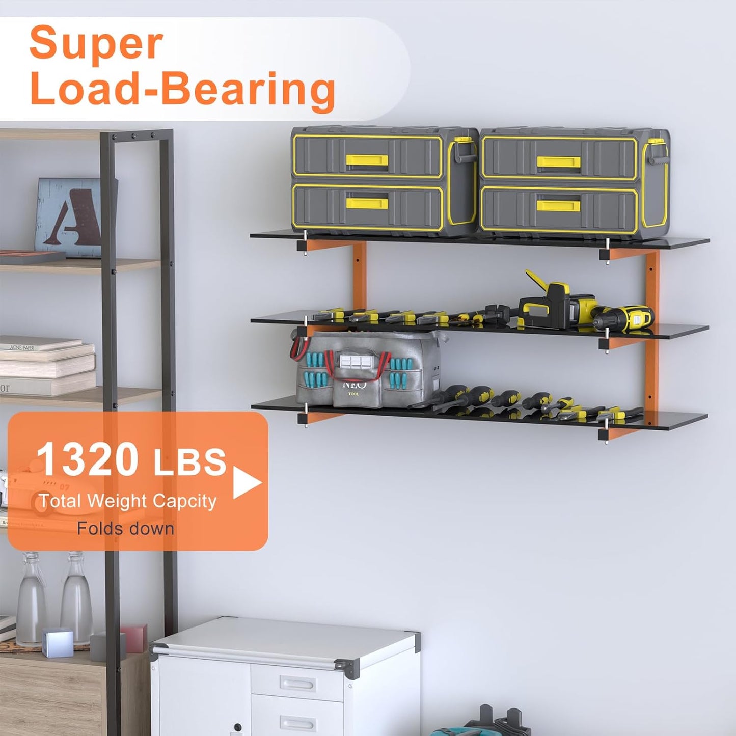 4 PACK Lumber Rack Wall-Mounted Lumber Storage Rack, Heavy Duty Wood Storage Racks With 6-Level System, 1320 LB Sturdy Garage Wood Organizer, Hanging Orange Lumber Metal Racks for Indoor & Outdoor