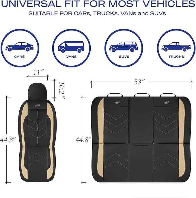 Skechers Car Seat Covers,Luxury Faux Leather Seat Covers,Waterproof Anti Slip Car Seat ProtectorFull Set,Car Accessories Airbag Universal Fit for Most Cars,Vans,Trucks,SUV,Beige