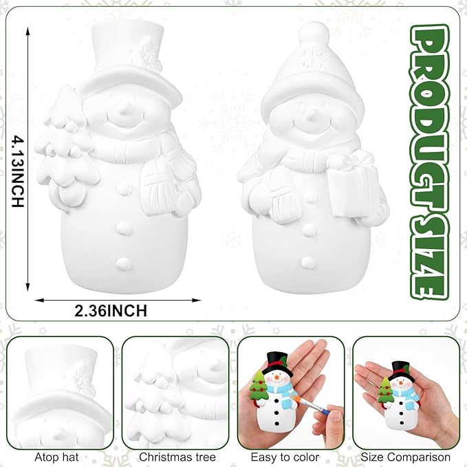 Seenelling 2 Pack Christmas Snowman Ceramics Ready to Paint Your Own Statues 4'' DIY Unpainted Figurines Kit Blank Paintable Ceramics Classroom Art and Crafts Decorations