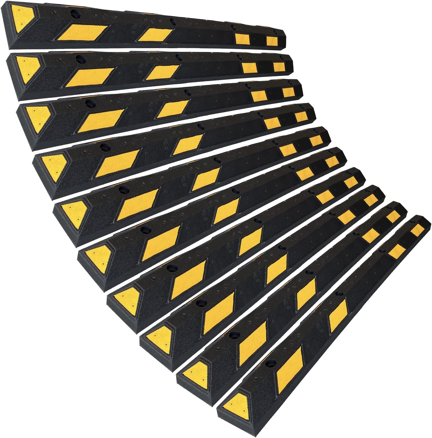 SmartSign Rubber Parking Curb, (Pack of 10) Heavy Duty Parking Stops with Yellow Reflective Stripe Chevrons, 72" Long (6ft), Wheel Stops for Parking Lots/Garage/Cars/Trucks, Pre-Drilled Holes