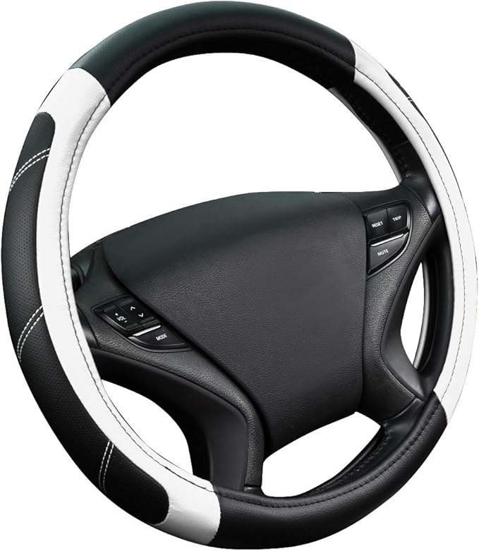CAR PASS Line Rider Microfiber Leather Sporty Steering Wheel Cover Universal Fits for 95% Truck,SUV,Cars,14.5-15inch Anti-Slip Safety Comfortable Desgin (Black-White)