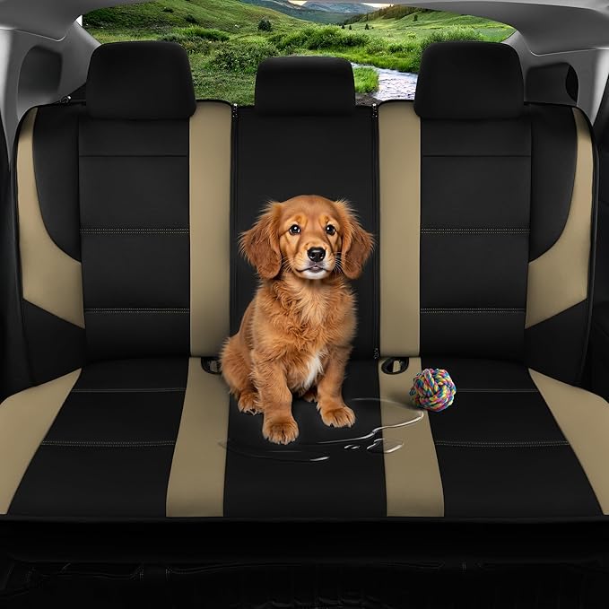 GIANT PANDA Neoprene Full Set Car Seat Covers, Leak-Proof & Waterproof Front&Rear/Back Car Seat Protector Fit 95% Cars Sedans SUV（Beige+Black）