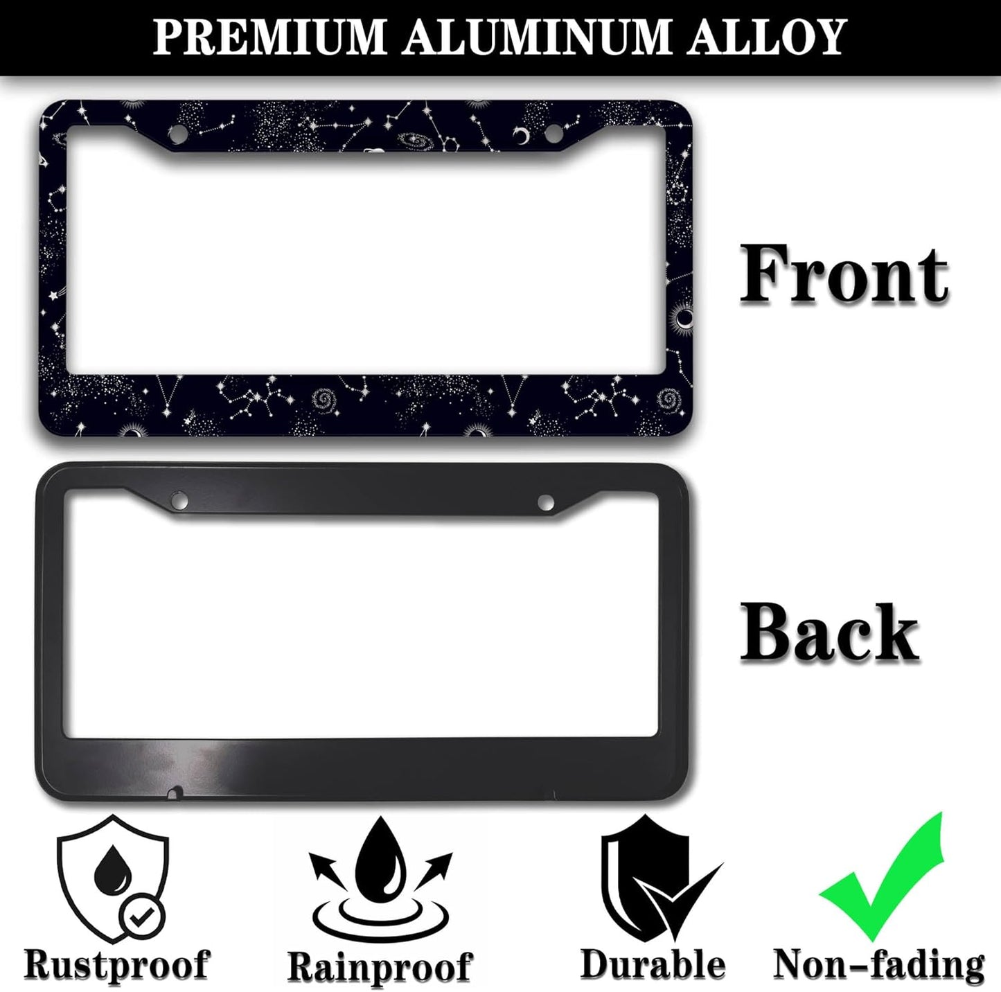 License Plate Frames Black and White License Plate Holder Galaxy Moon and Stars Starry Sky Planets Aluminum Metal Car Accessory 2 Pack with Screw Covers Set