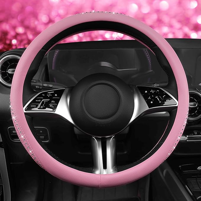 CAR PASS Bling Diamond Pink Leather Steering Wheel Cover, Studded Shining Rhinestones Universal Fit 14" 1/2-15" Glitter Sparkly Crystal Fit for Women Girl SUV,Vans,Sedans,Car,Trucks, Pink Diamond