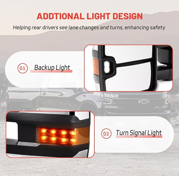 Towing Mirrors Replacement Fit for 2003-2006 Chevy Silverado/GMC Sierra 1500 2500 HD 3500 (2007 for Classic Models) Chrome Power Heated Amber Turn Signal Clearance Lamp Pair Set