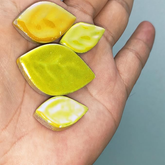 1.1LB Random Iridescent Leaves Ceramics Mosaic Tiles, Making Creative 3 Size Ceramic Mosaic Pieces for DIY Craft,Flowerpots, Vases, Cups, Garden Decor Mosaic Making Supplies (Yellow)