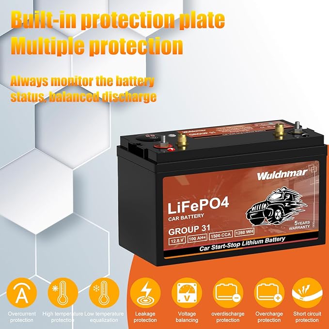 12.8V 100Ah 1500A LiFePO4 Group31 Lithium-ion Automotive Start Stop Battery Lightweight High Performance with Battery Level Display