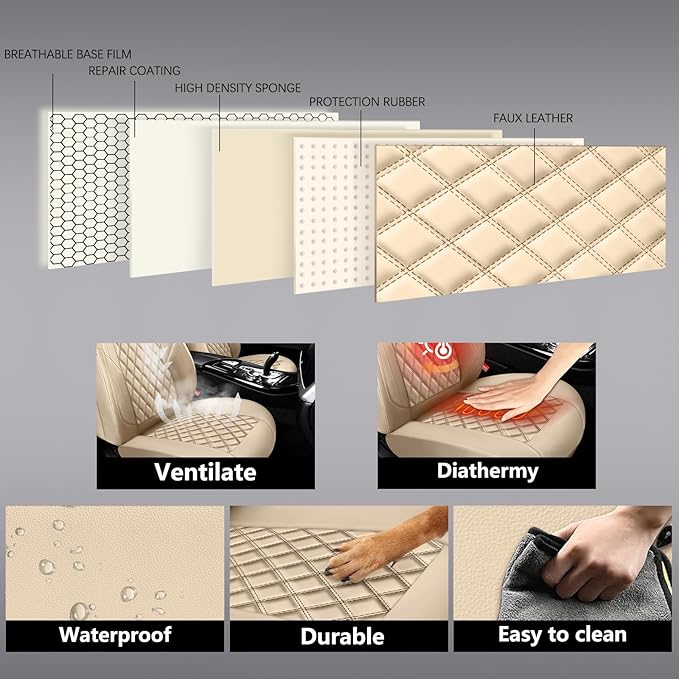 Premium Leather Car Seat Covers Full Set,Universal Fit for Cars,Trucks&SUVs,Waterproof Car Seat Cushion,Full Coverage Car Seat Protector with 5 Seats,Beige