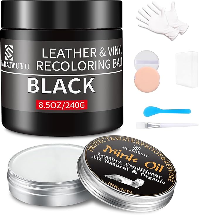 8.5oz Leather Recoloring Balm with 100ml Mink Oil,Black Leather Repair kit for Furniture and Car Interior,Leather Couch Scratch Repair,Leather Dye Paint,Mink Oil for Leather