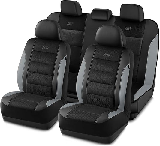 Skechers Aircooled & Memory Foam Seat Covers,Premium Leather with EVA Mesh Car Seat Covers,Seat Cover Full Sets,Airbag Compatible Automotive Comfort for Most Cars, Vans, Trucks, SUV,Grey