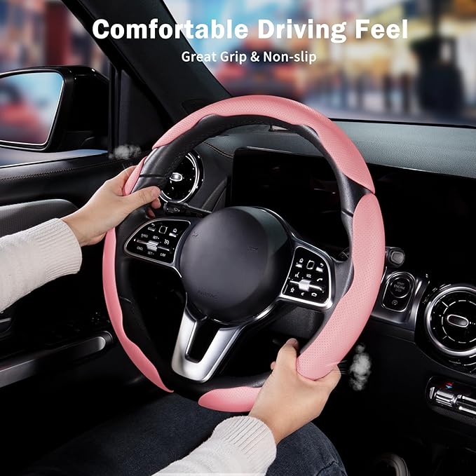 Nappa Leather Car Steering Wheel Cover for Men Women, Ultra-Thin Non-Slip Breathable Microfibre, Universal for 14.5"-15" Steering Wheel - Pink