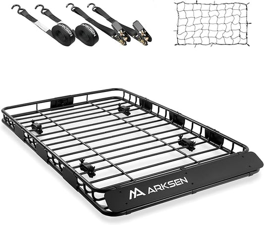 ARKSEN 64 x 39 x 4 Inch Upgrade Universal Roof Rack with Cargo Net, 2 Ratchet Straps - 150Lbs Capacity Heavy Duty Rooftop Cargo Carrier with Extension for Car, SUV & Pickup