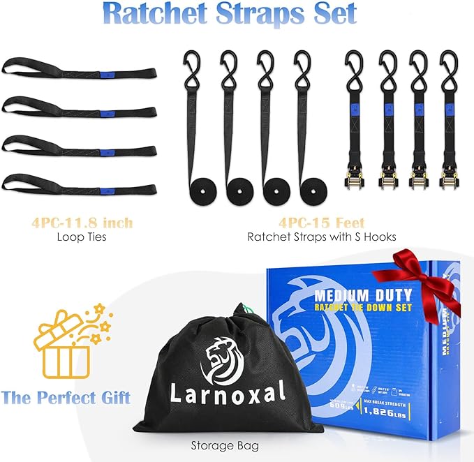 Ratchet Straps 4 Pack - 1,826 Lbs Break Strength 1 in x 15 Ft Medium Duty Ratchet Tie Down Straps with S Hooks Set for Truck, Cargo Van, Trailer, Motorcycle (Black)