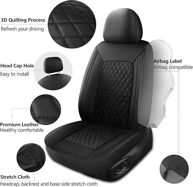 Car Seat Cover,Breathable and Waterproof Leather Seat Covers,Luxury PU Universal Fit Automotive Airbag Compatible for Cars Sedans SUV and Trucks(2 Pieces,Front Seat,Black,N1)