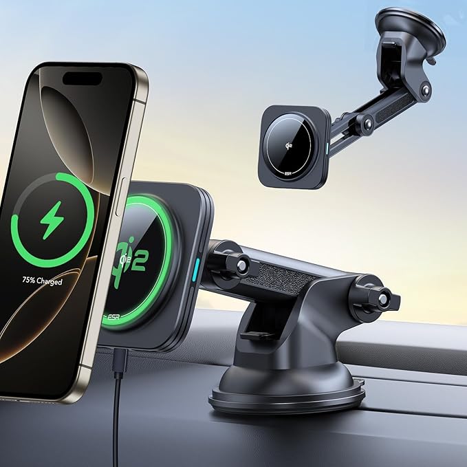ESR for Qi2 15W MagSafe Car Mount Charger, for MagSafe Car Charger, Suction Cup Magnetic Wireless Car Charging, Dashboard Car Phone Mount for iPhone 17/16/15/14/13/12, S25, Pixel 10, Fast Charging