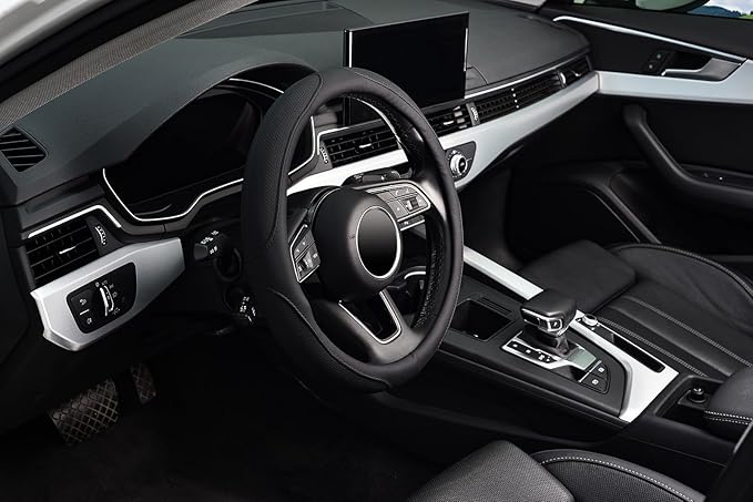KAFEEK Black Steering Wheel Cover Men Women Universal 15 inch, Black Microfiber Leather, Odorless, Breathable, Durable Leather Cover with Anti-Slip Lining