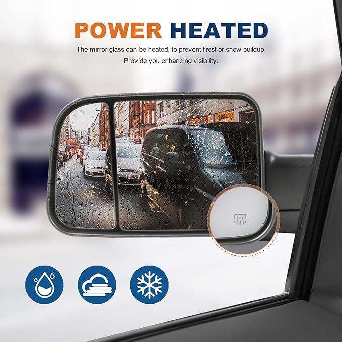 Pair Black Power Heated Towing Mirrors Compatible for 1998-2001 Dodge Ram 1500/1998-2002 Dodge Ram 2500 3500 w/White DRL, Led Turn Light