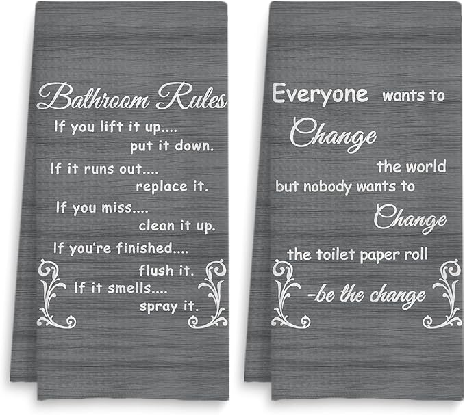Funny Bathroom Rules Decorative Hand Towels Set of 2, Rustic Farmhouse Hand Towels for Bathroom Decor, 16x24 Inch(Elegant Gray Style)