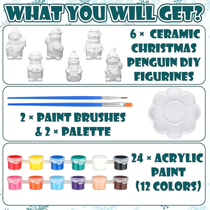 Eersida 6 Sets Christmas Penguin Ceramics to Paint Penguin Ready to Paint Your Own Ceramic Statues DIY Unpainted Ceramics Paintable Figurines Kit Crafts with Brush Palette