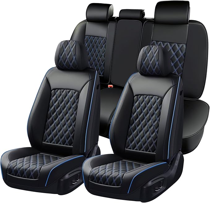 Huidasource Seat Covers Full Set, Nappa Leather Seat Covers, Blue Car Seat Covers, Universal Fit Front & Split Bench Rear, Airbag Compatible, for Most Cars,Vans,Trucks, SUVs(Full Set/Black&Blue)