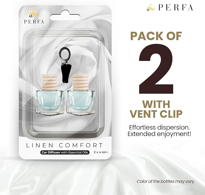 Car Air Fresheners - Linen Comfort Car Air Freshener for Men and Women | Pack of 2 Long Lasting Automotive Air Freshener | Odor Eliminator Car Perfume | Car Air Freshener Vent Clip by Perfa