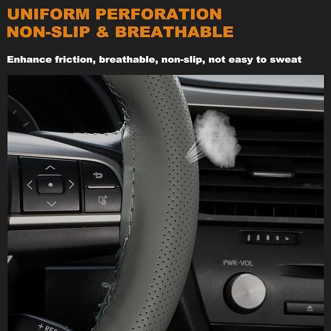 AUTOXBERT 38cm/15 Inch Genuine Leather DIY Steering Wheel Cover Soft Hand Sewing On Wrap Cover with Needles Thread fit for VW Ford Nissan Kia Vauxhall