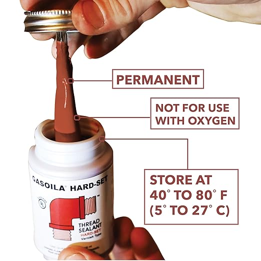 Gasoila Hard-Setting Permanent Thread Sealant, Fast-Drying Red Varnish Sealant for PVC, Metal, Rubber, Wood & More – -100°F to 600°F Temp Range, Brush in Cap Applicator, BT08, 1/2 Pint Can