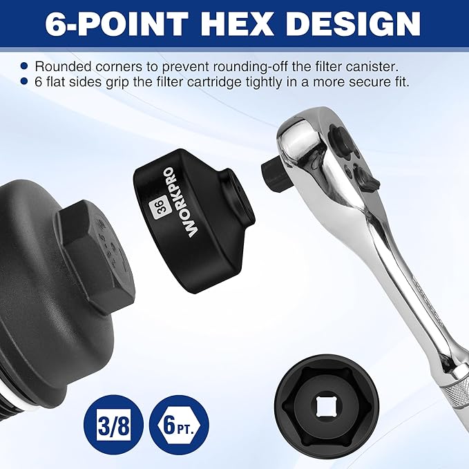 WORKPRO 24-38mm (6-Piece) Oil Filter Socket Wrench, Oil Filter Removal Tool, Oil Filter Change Set, Ideal for Some Ford F250, BMW, Mini, Volvo, Audi, VW, Porsche Vehicles