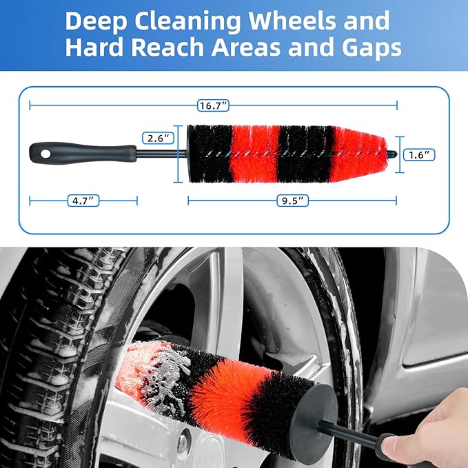 9Pcs Car Wheel Detailing Brush Kit – Scratch-Free Rim & Tire Cleaner Brushes with Tire Shine Pad, Microfiber Towel & Bag – Heavy-Duty Auto Detailing Tools for Cars, Trucks, RVs & Motorcycles