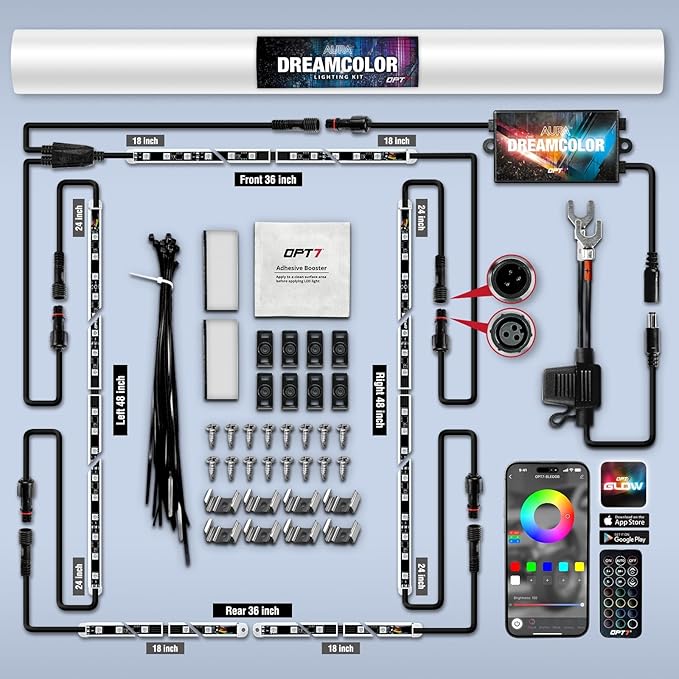 OPT7 Aura DreamColor Underglow Chasing Lights for Truck w/APP & Remote Control, Waterproof Rigid Aluminum LED Light Bar, Exterior Neon Accent Underbody RGBIC Lighting Kit, Multicolor Music Mode, 12V