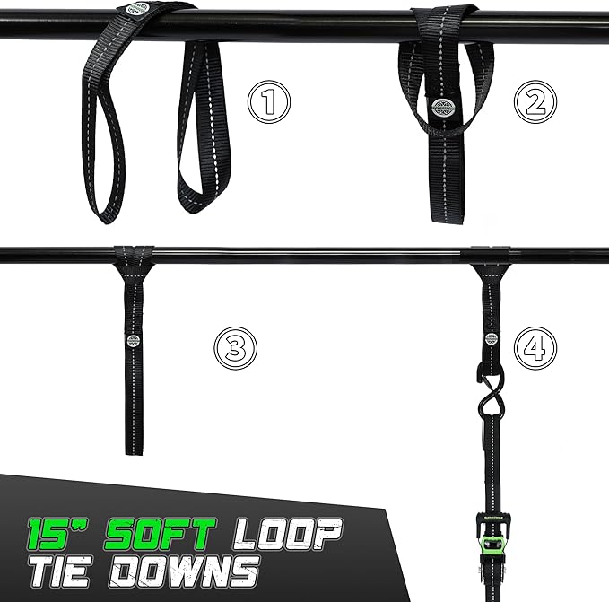 Motorcycle Tie Down Strap (4PK) - 2,100lb Break Strength Premium 15ft Ratchet Tie Down Straps Set, Soft Loop Ratchet Straps for Moving Appliances, Lawn Equipment, Cargo Straps for Trucks (Black)