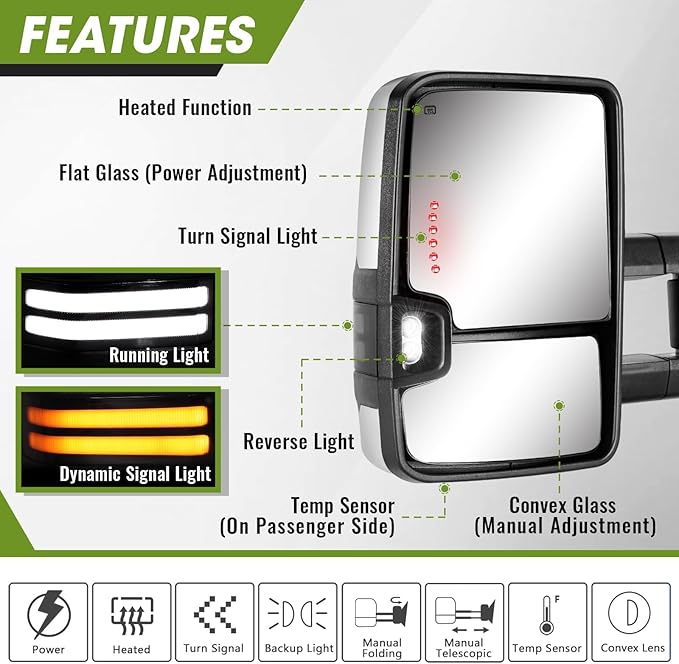 Towing Mirrors for Chevy Silverado/GMC Sierra 1500 (2014-2018), 2500HD/3500HD (2015-2019) Switchback Dynamic Turn Signal/Running Lights Power Heated (Chrome)
