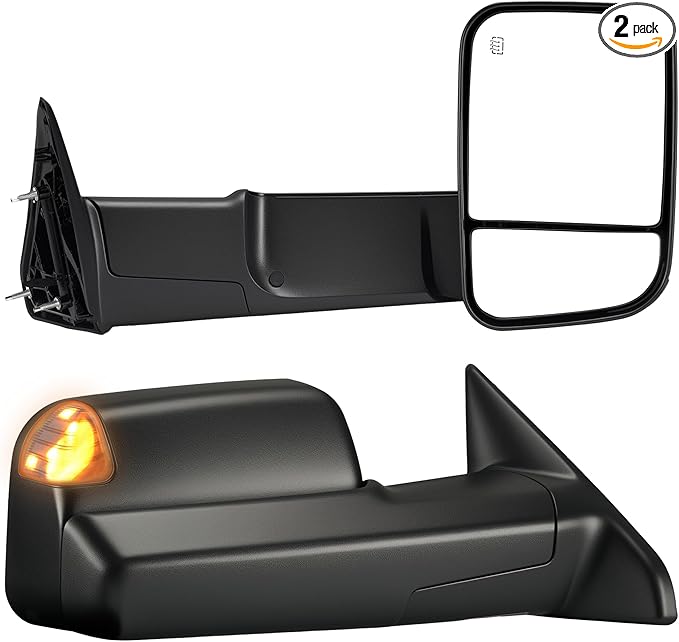 Tow Mirrors Compatible with 2009-2018 Dodge Ram 1500, 2010-2018 2500 3500, Flip Up Extended Trailer Towing Side Mirrors with Turn Signal, Power Heated, Black