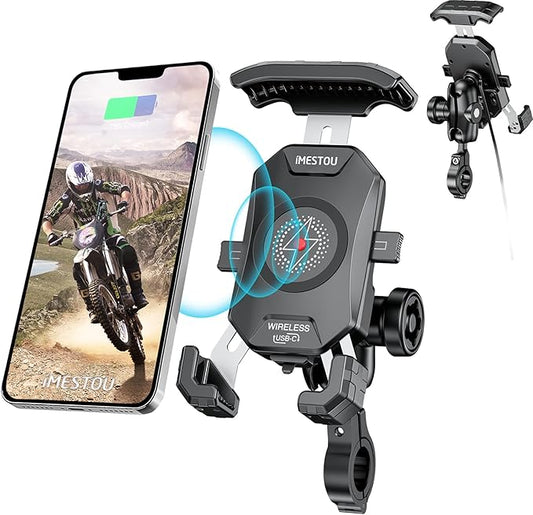 iMESTOU Anti-Theft Motorcycle Wireless Phone Mount Charger 15W & USB C 3A Handlebar 1" Ball Phone Holder Works with 12V/24V Vehicle/USB A Socket 720 Rotation Quick Charge for 4.0-7.0" Cellphones