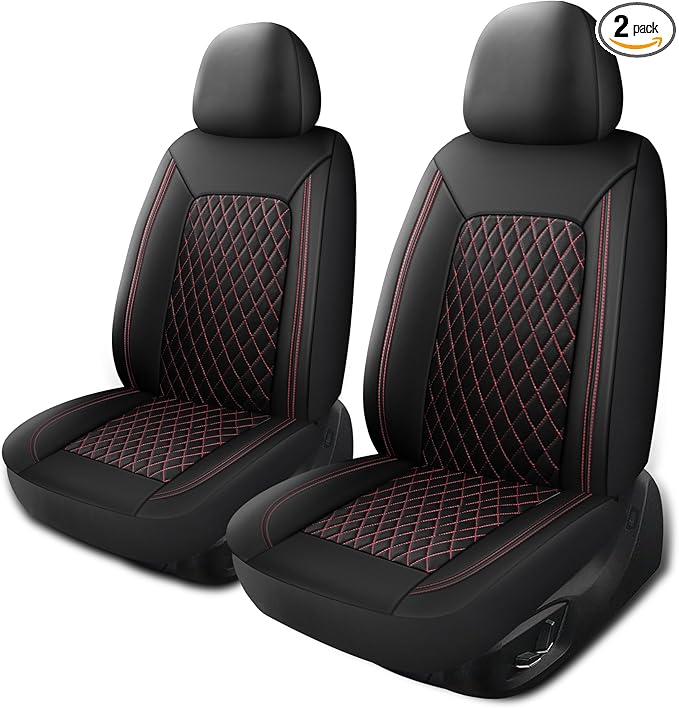 Car Seat Cover,Breathable and Waterproof Leather Seat Covers,Luxury PU Universal Fit Automotive Airbag Compatible for Cars Sedans SUV and Trucks(2 Pieces,Front Seat,Black+Redline,N1)