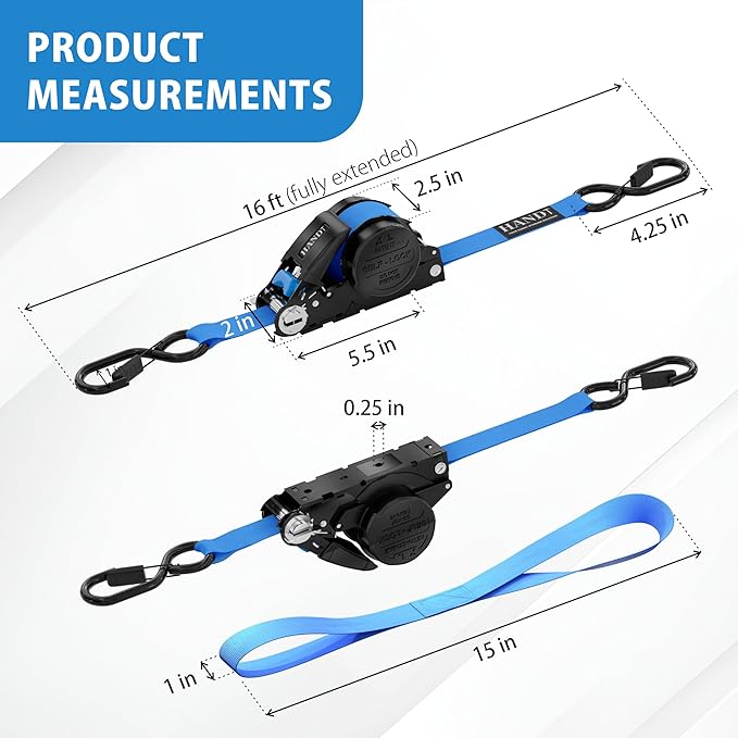 USA Based Retractable Ratchet Straps (2PK) 1in x 16ft - 1,500lb Break Strength, Heavy Duty Automatic Ratchet Straps Self Retractable Tie Down, Push Button Retracting Truck Trailer Cargo | Blue